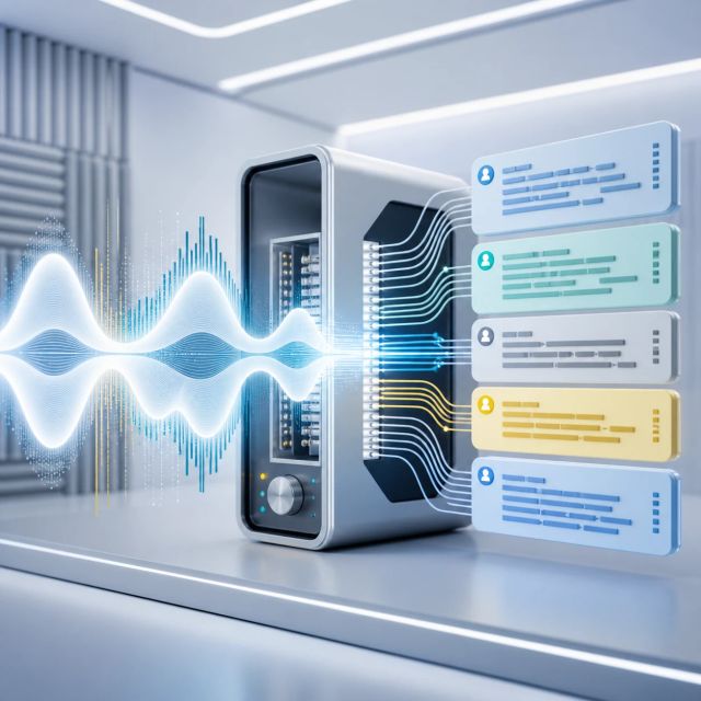 A spoken waveform turning into structured transcript blocks with speaker markers and timestamps
