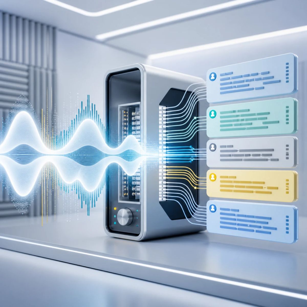 A spoken waveform turning into structured transcript blocks with speaker markers and timestamps