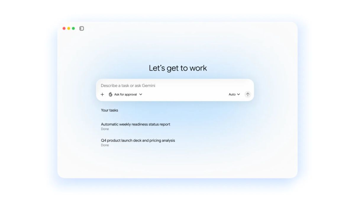 Gemini task interface with an approval selector, automatic model selection and completed readiness report and launch deck tasks