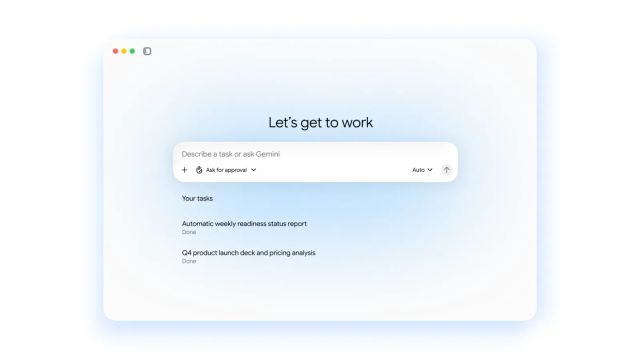 Gemini task interface with an approval selector, automatic model selection and completed readiness report and launch deck tasks