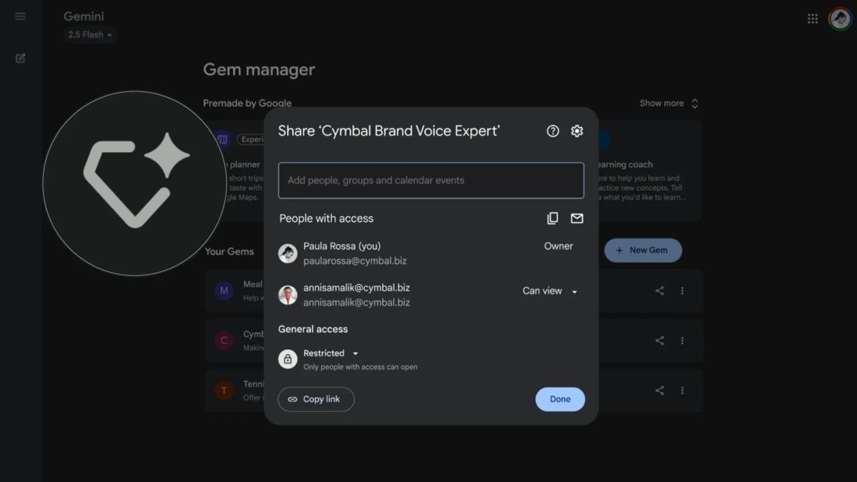 Gemini's Gem manager with the sharing settings for a custom Gem open