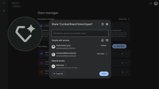 Gemini's Gem manager with the sharing settings for a custom Gem open