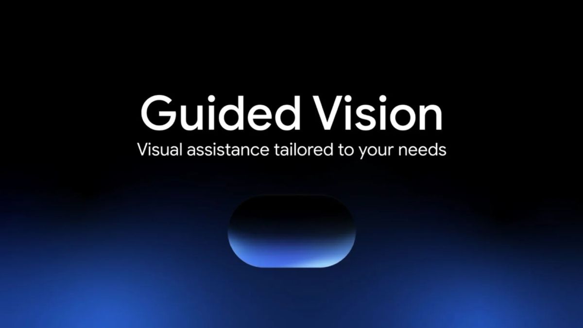 Guided Vision title above a blue glowing oval on a black and blue background