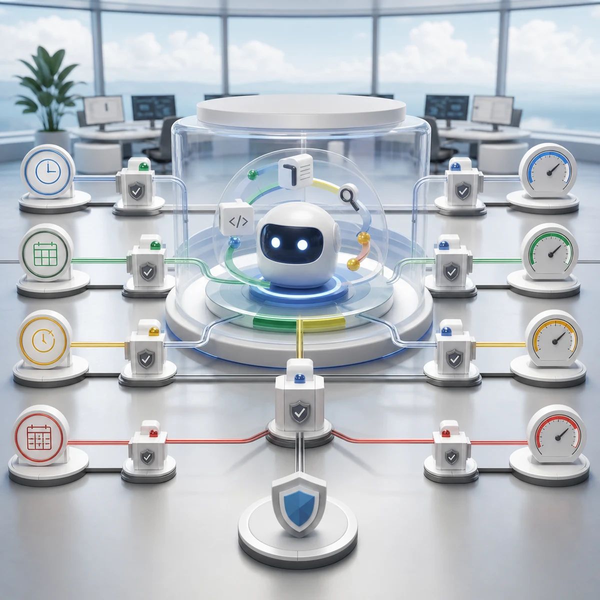 A managed Gemini agent runs tool calls through policy hooks, budget gauges, and scheduled worker lanes inside a cloud sandbox