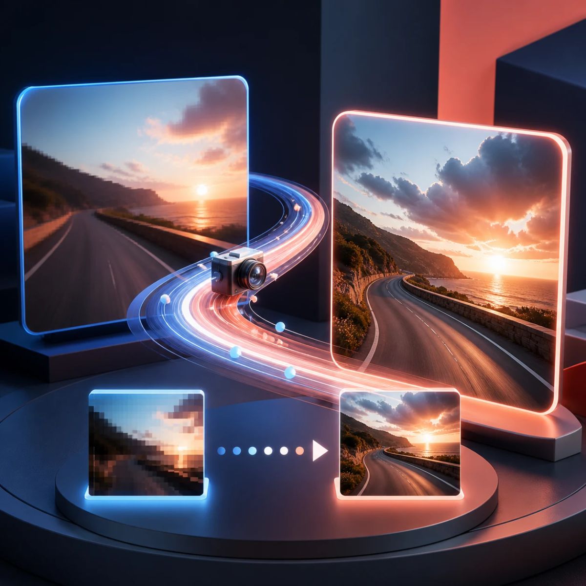 A video timeline with start and end frames connected by a generated motion path and a preview frame beside it