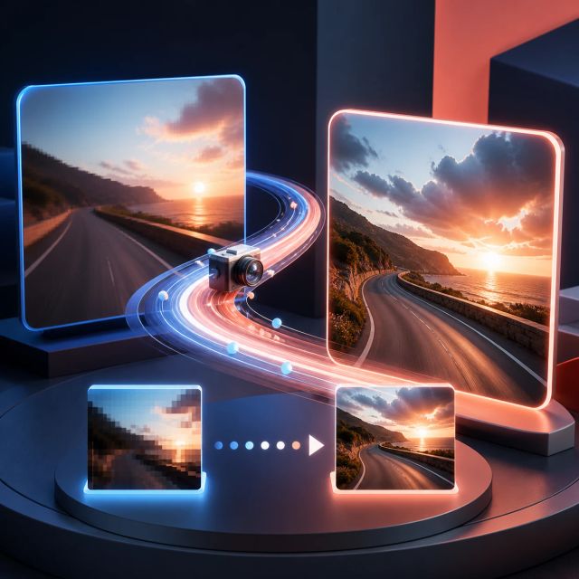 A video timeline with start and end frames connected by a generated motion path and a preview frame beside it