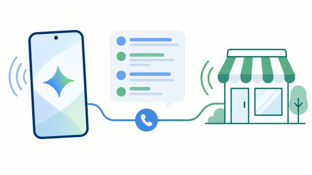 Illustration of a phone call connecting a smartphone to a local shop, with a transcript between them