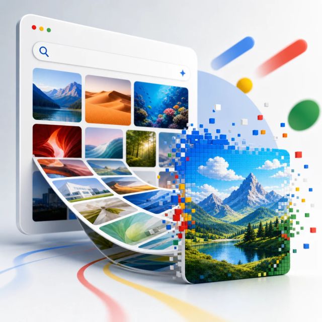 A search page opens into a visual gallery while an AI overview turns a prompt into a new image