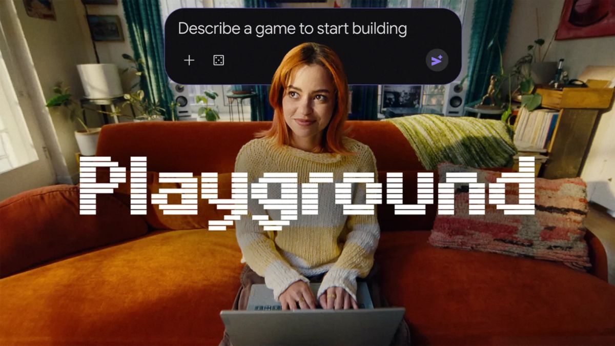 Playground promotional image with a woman using a laptop, a game-description prompt and the Playground name