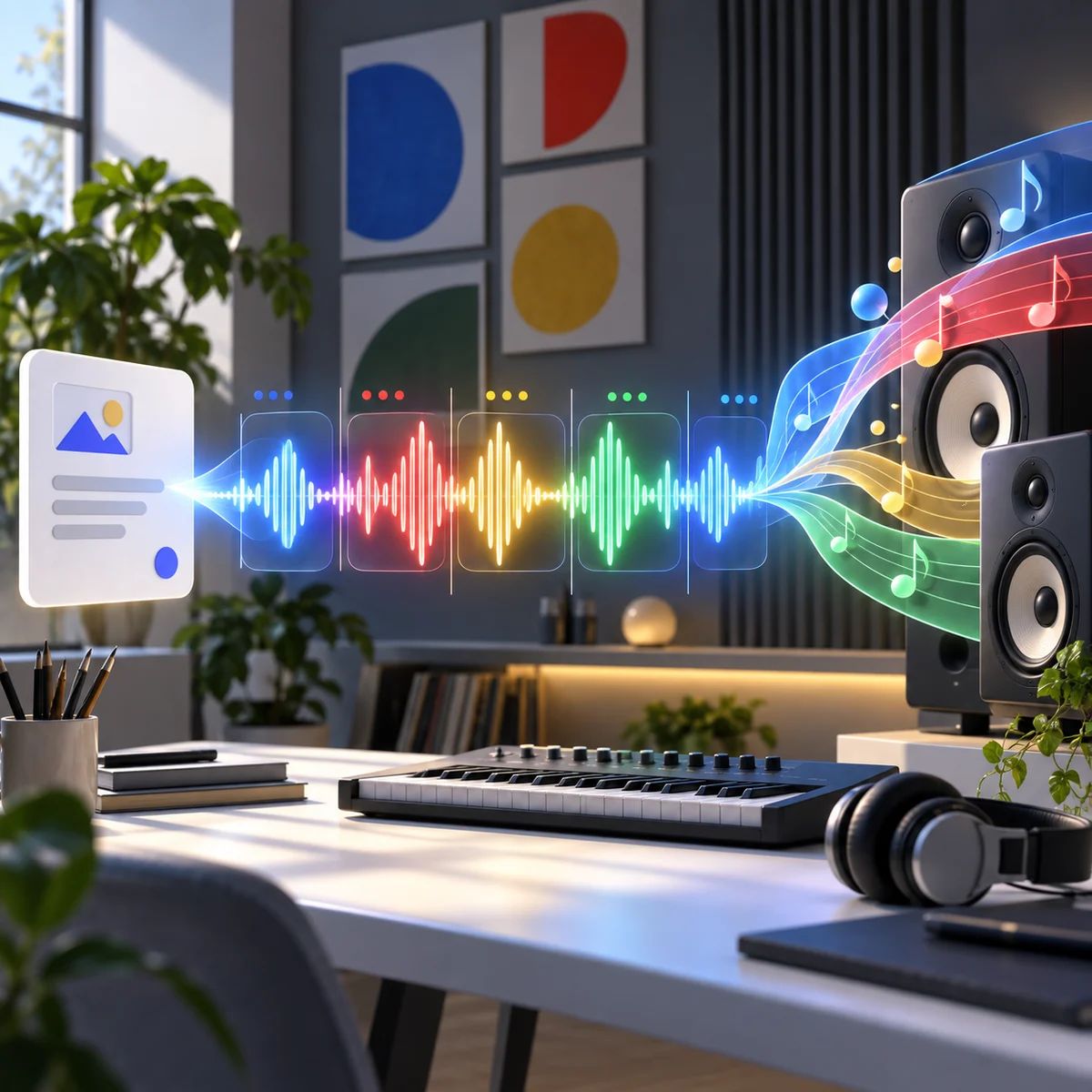 A structured audio waveform flows from a prompt card into studio speakers