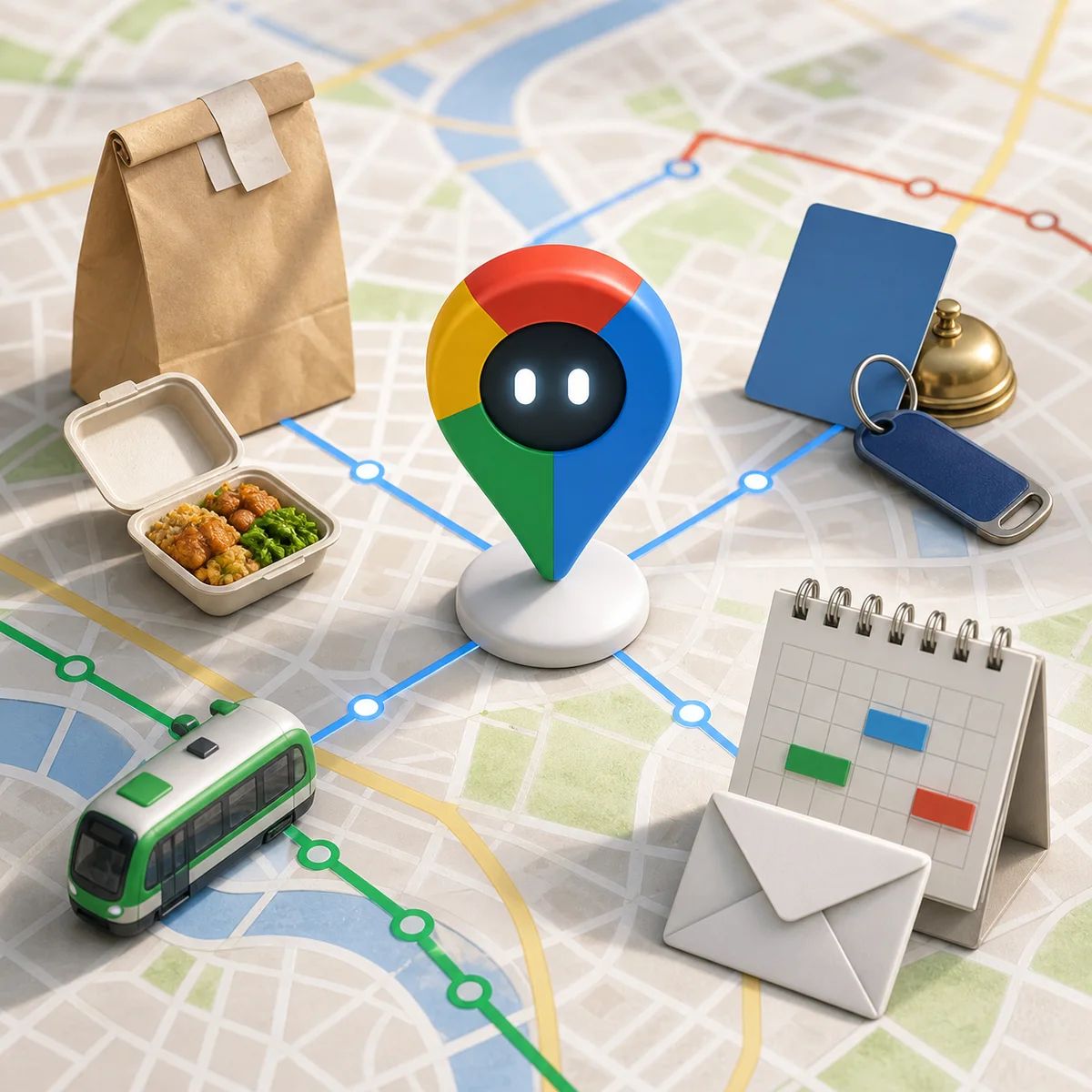 A city map connects a central assistant pin to food, hotel, transit, mail, and calendar objects