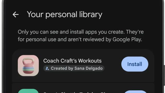 Google Play personal library screen with a private-app notice and an Install button for a workout app
