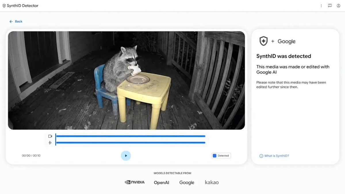 SynthID Detector showing a raccoon video beside a result that says the media was made or edited with Google AI