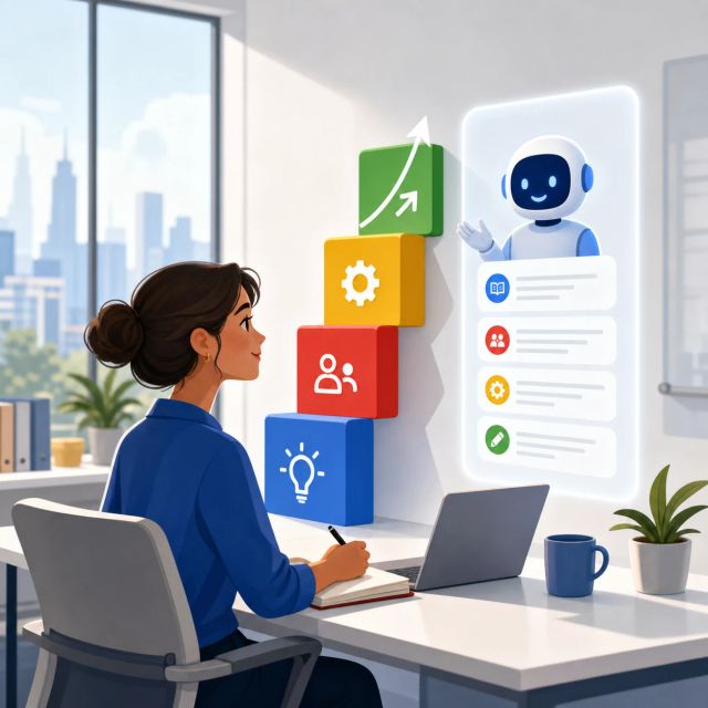 A UK workstation scene with a skills ladder beside a bright AI assistant panel