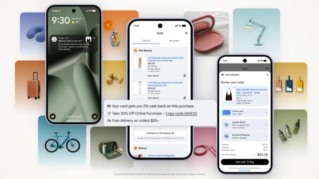 Three phone screens show a price-drop alert, saved products, payment perks and a Google Pay order review beside a collage of products
