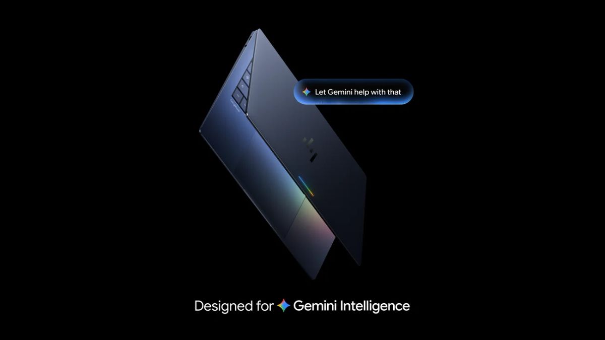 Googlebook promotional graphic showing a Gemini prompt over a laptop