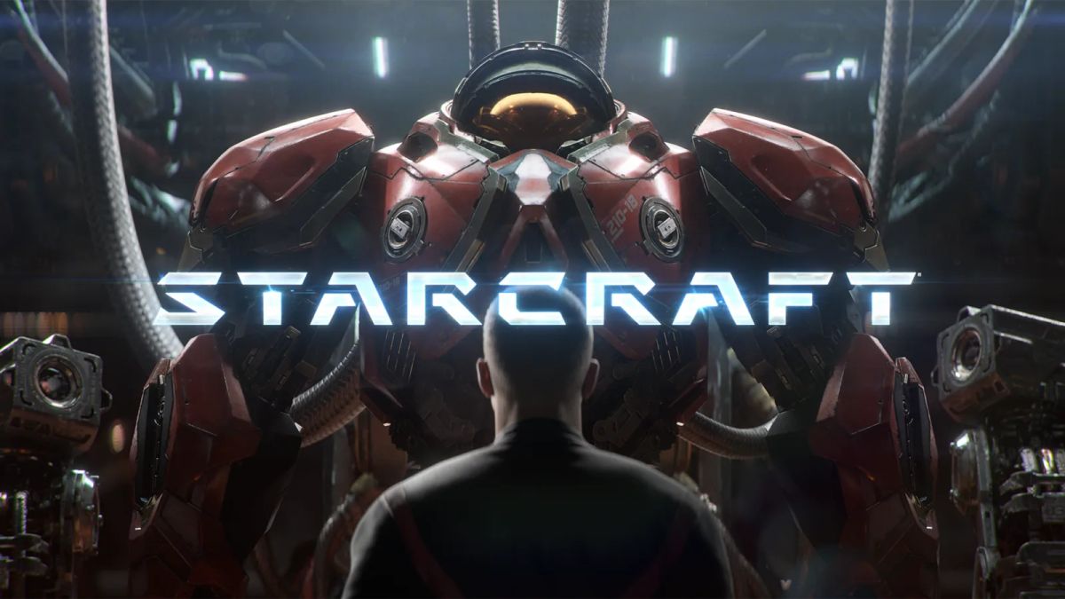 StarCraft logo across a red armored marine facing a person seen from behind