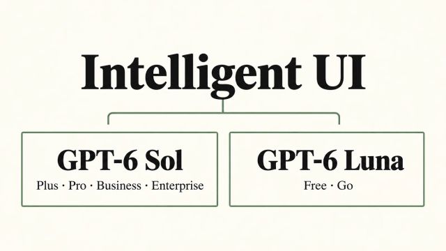 Graphic illustration showing Intelligent UI shared by GPT-6 Sol for Plus, Pro, Business and Enterprise and GPT-6 Luna for Free and Go