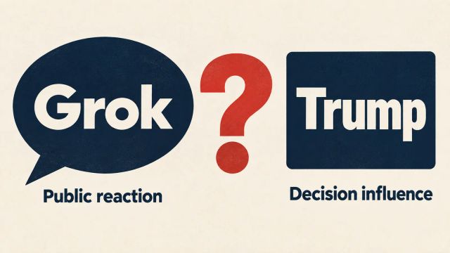 An illustrated Grok speech bubble about public reaction faces a Trump decision card, with a question mark between them