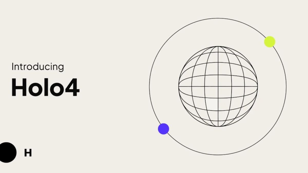 H Company's Holo4 launch graphic with a wireframe globe and two colored dots