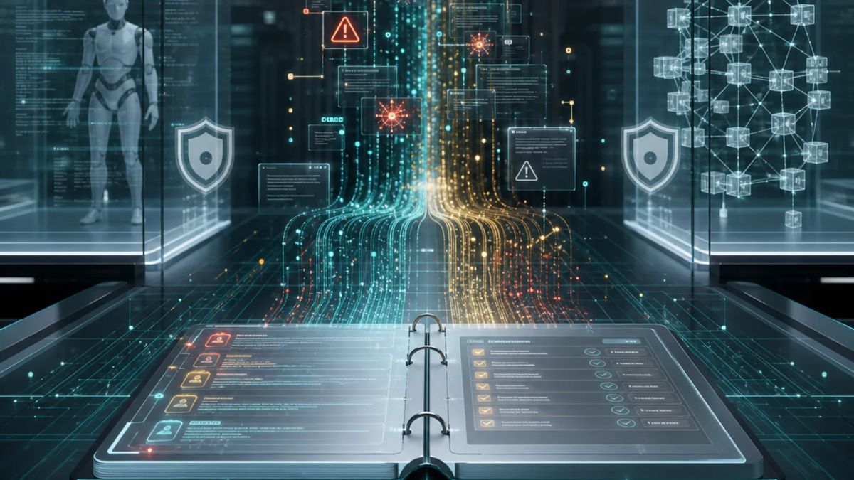 Security traces are gathered into a transparent incident ledger inside an abstract AI operations room