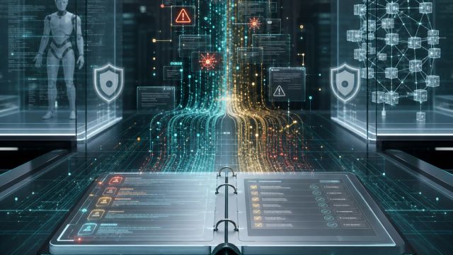Security traces are gathered into a transparent incident ledger inside an abstract AI operations room