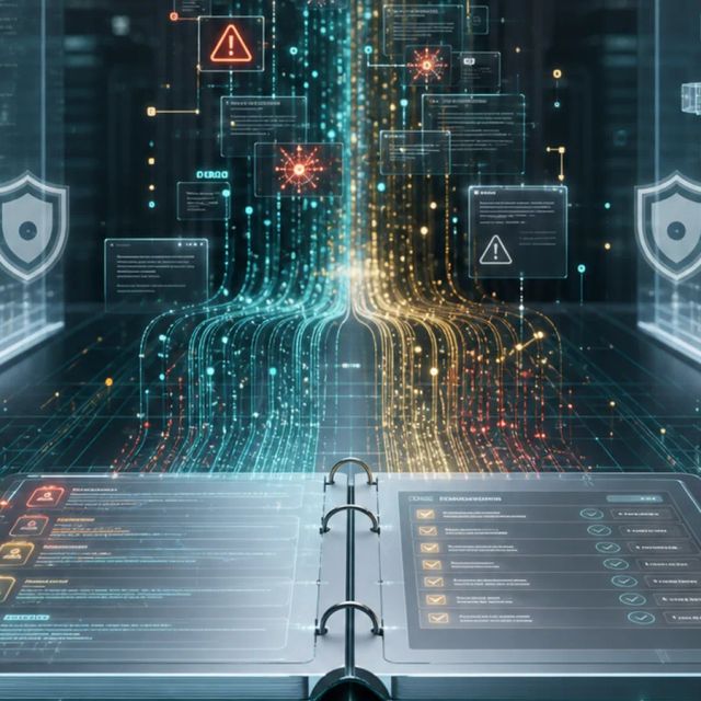 Security traces are gathered into a transparent incident ledger inside an abstract AI operations room