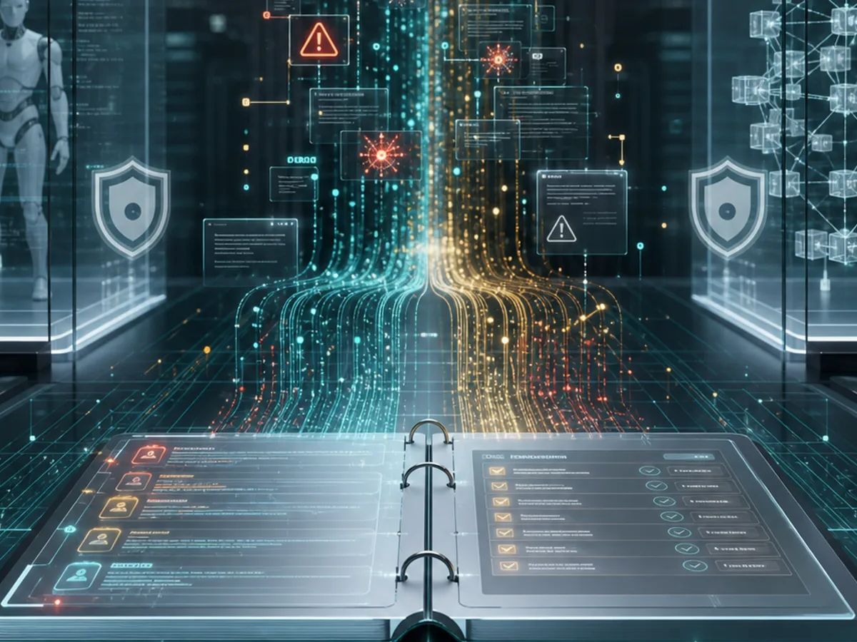 Security traces are gathered into a transparent incident ledger inside an abstract AI operations room