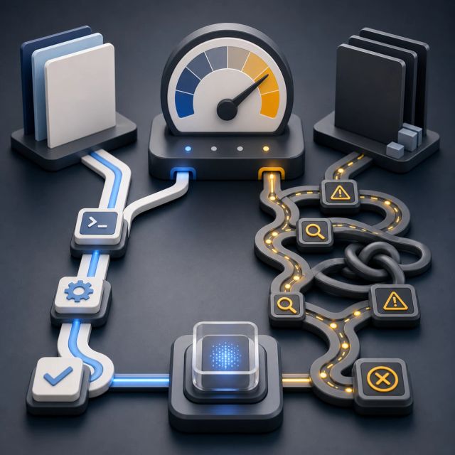 A testing gauge compares a clean tool path with a longer tangled debugging path