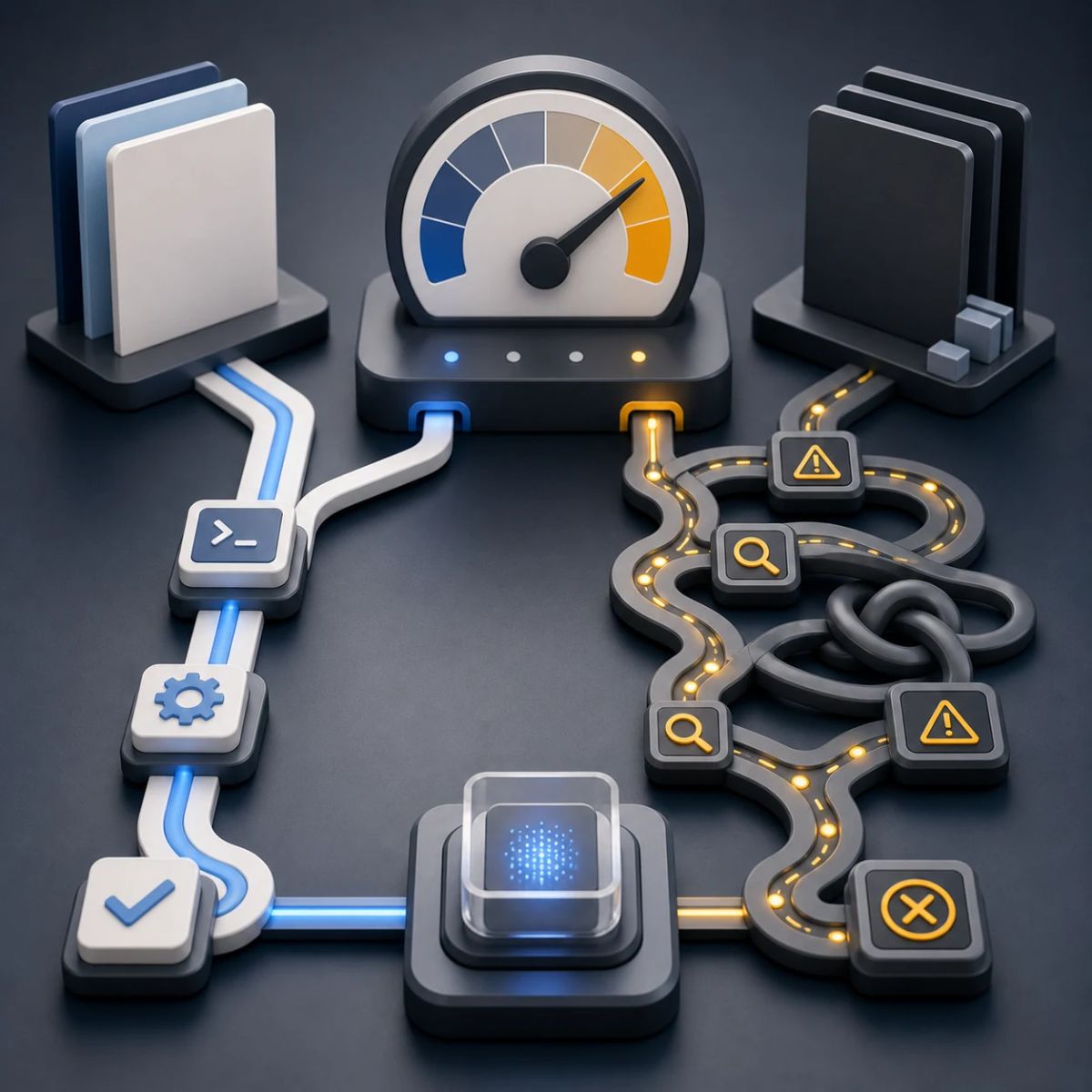 A testing gauge compares a clean tool path with a longer tangled debugging path