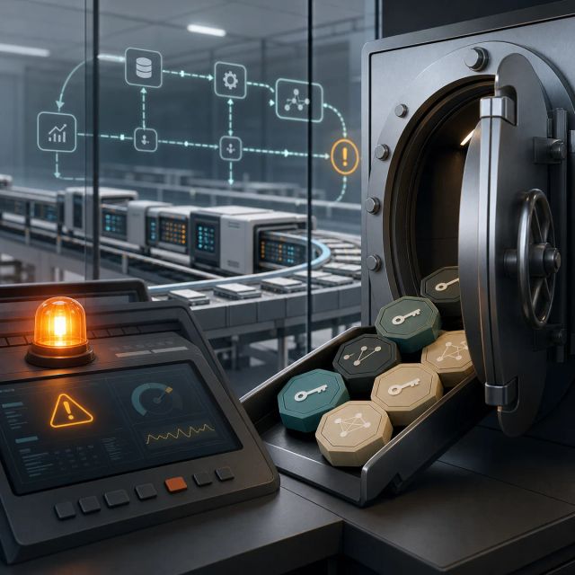 A security operations console rotates token keys into a vault beside a dataset processing pipeline