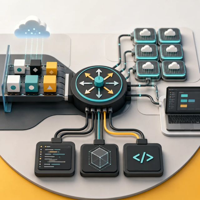 A model hub router sends open model blocks through provider switches into application endpoints