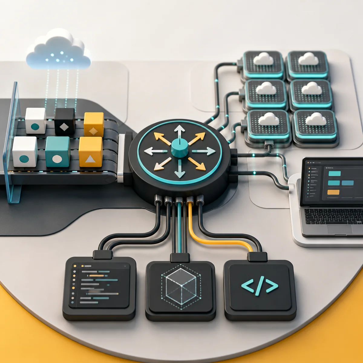A model hub router sends open model blocks through provider switches into application endpoints