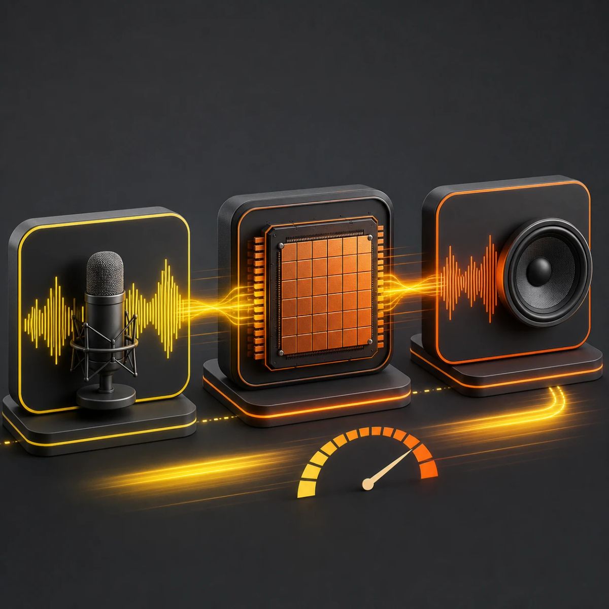 A microphone waveform passes through a fast inference core and exits as a speaker waveform