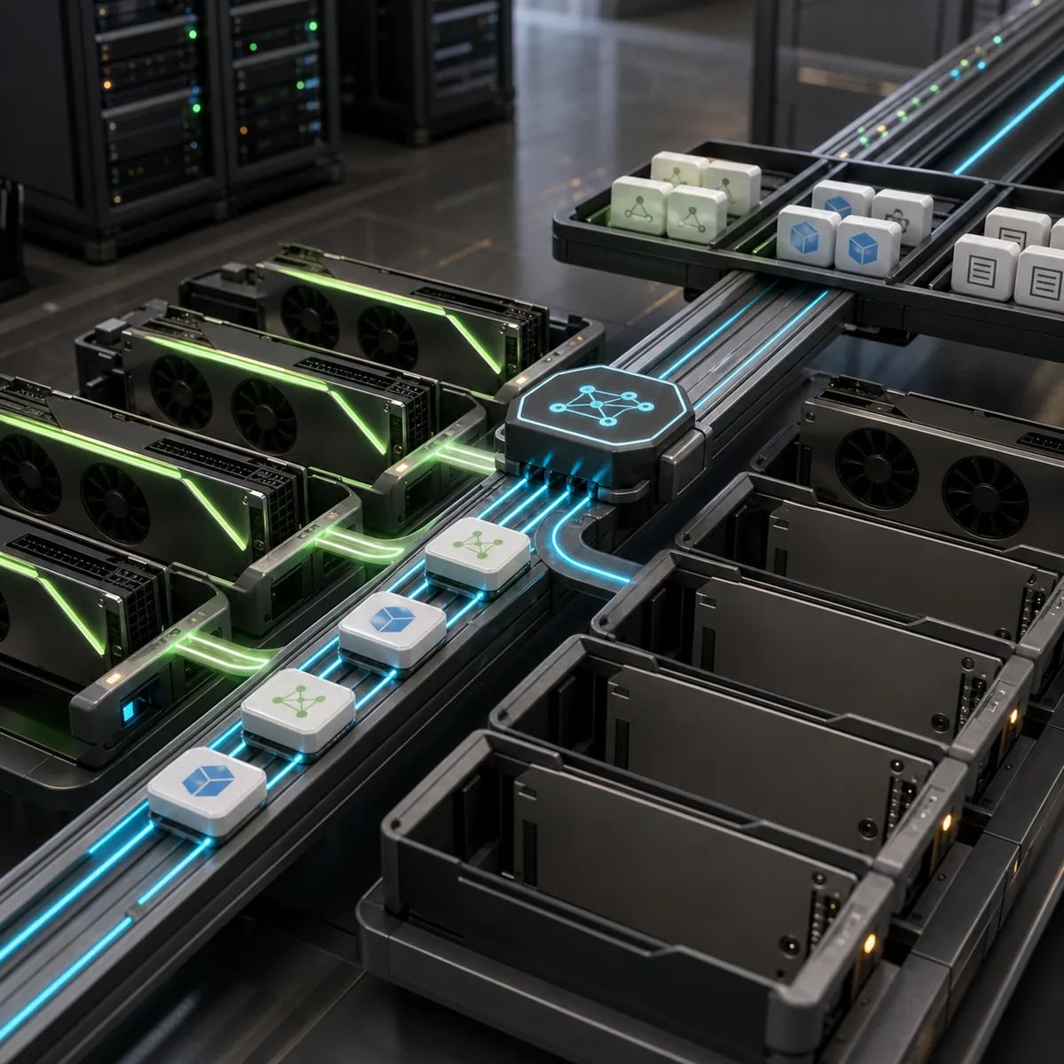 GPU accelerator cards receive queued AI workloads from a central scheduler rail