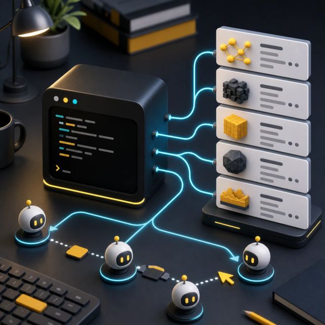 Generated editorial image of a command-line console connected to model repository cards and agent nodes