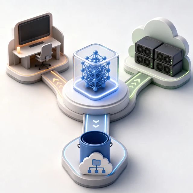 A central model artifact on a hub pedestal connects to a managed studio workstation and a portable GPU job lane
