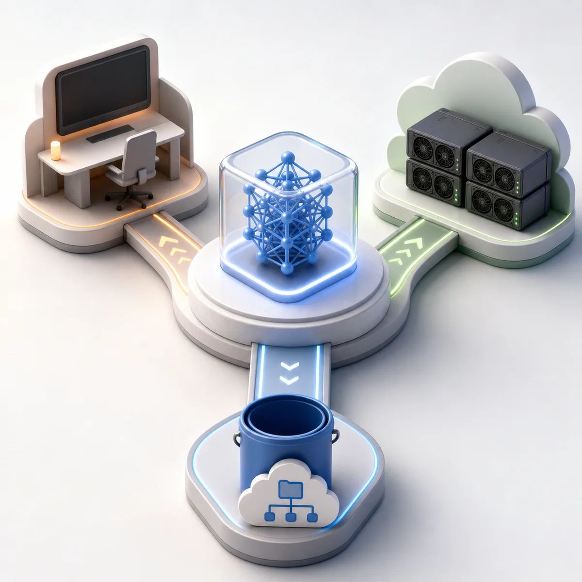 A central model artifact on a hub pedestal connects to a managed studio workstation and a portable GPU job lane