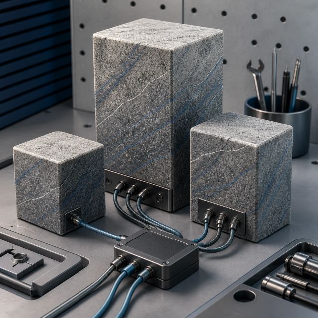 Three granite-textured model blocks connected to tool ports on an engineering workbench