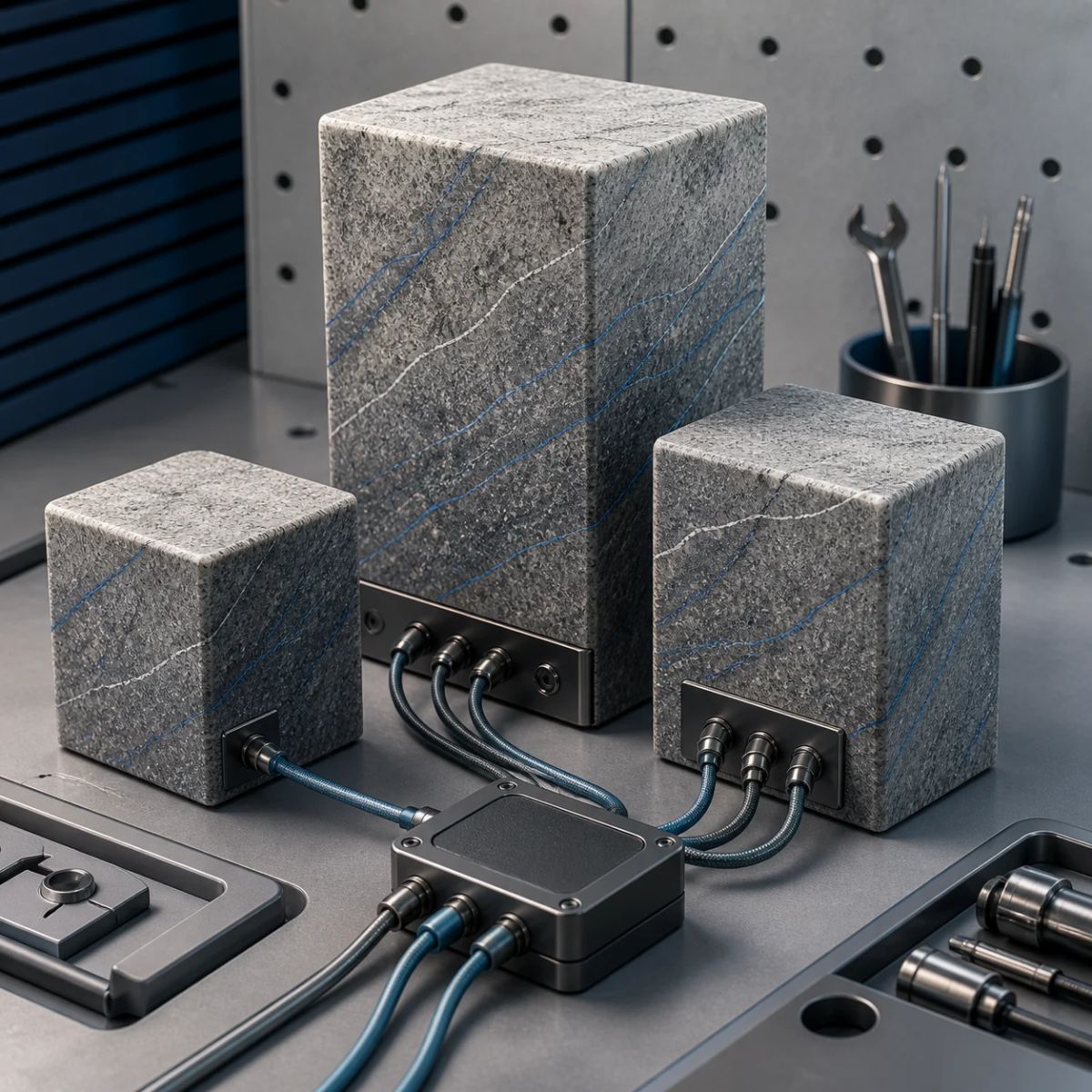 Three granite-textured model blocks connected to tool ports on an engineering workbench