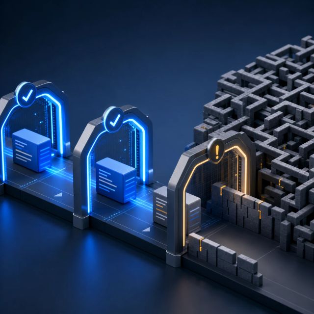 Abstract code blocks pass through build and deploy checkpoints before meeting a harder behavior-validation maze