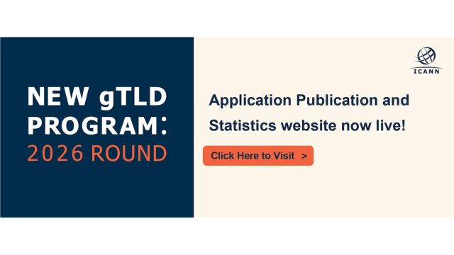 ICANN banner for the 2026 new gTLD round announcing its application publication and statistics website