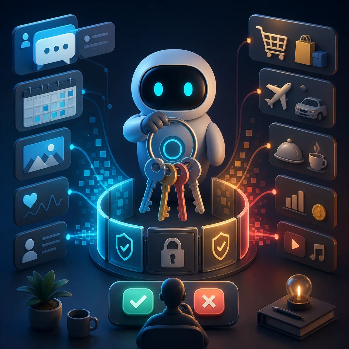 A personal assistant agent holding permission keys between private messages, calendars, and purchase approvals