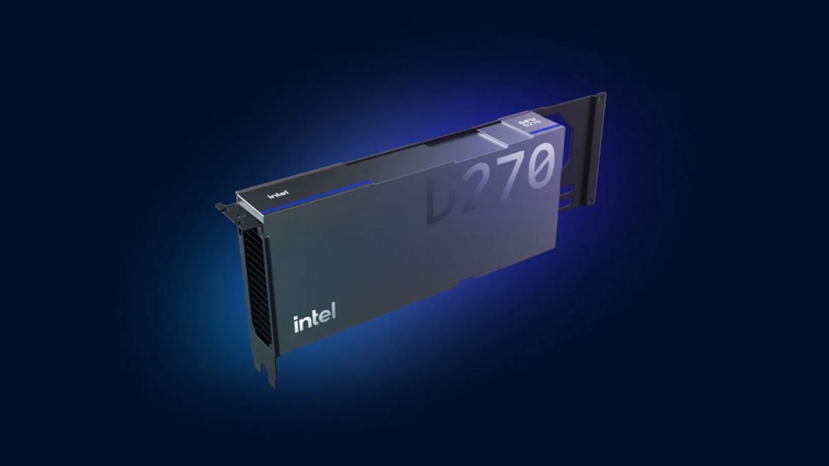 Intel D270 accelerator card with a dark metal enclosure and blue accents on a dark blue background