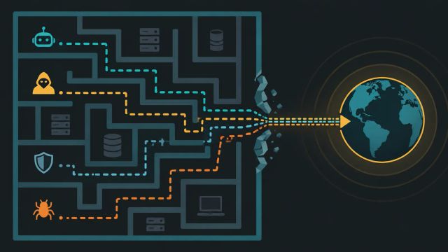 Illustration of four paths crossing from a simulated network to a public website