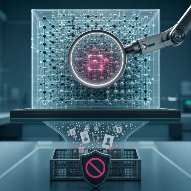 A magnifying instrument locates a highlighted region inside a transparent model-weight lattice while synthetic personal-data traces are blocked below