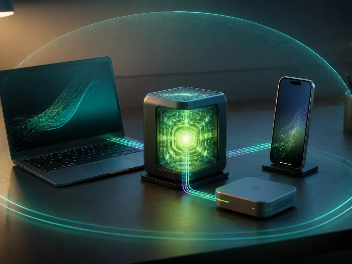 A compact local model core links a laptop, phone, and edge device inside a privacy boundary