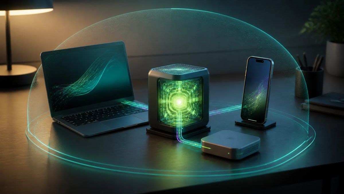 A compact local model core links a laptop, phone, and edge device inside a privacy boundary