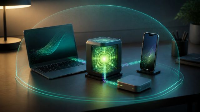 A compact local model core links a laptop, phone, and edge device inside a privacy boundary