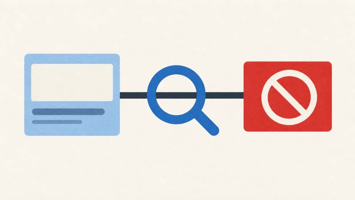Illustration of an ordinary-looking ad connected to a blocked external destination, with an inspection ring around the link